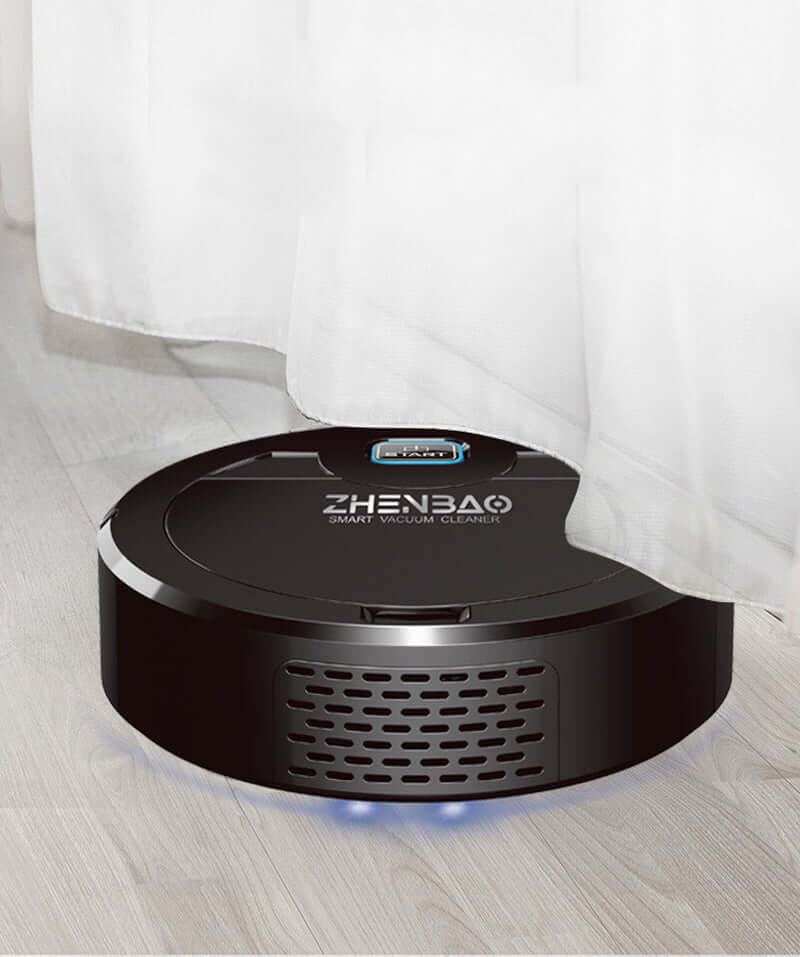 Intelligent cleaning robot from FreshBot navigating under a curtain on a wooden floor.