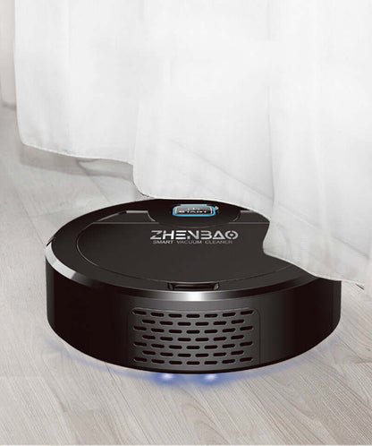 Intelligent cleaning robot from FreshBot navigating under a curtain on a wooden floor.